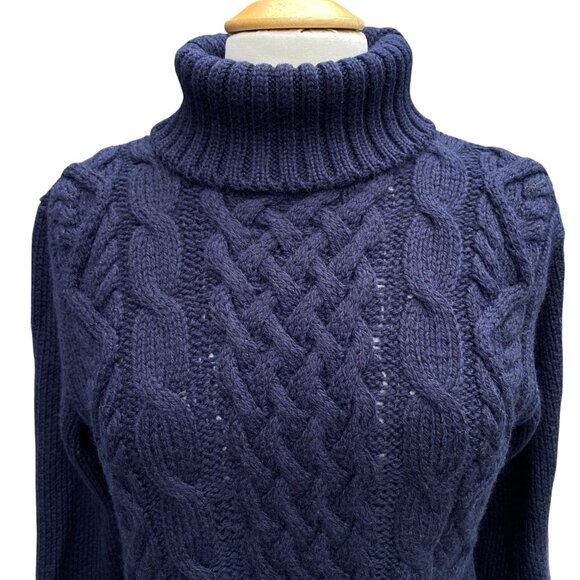Peregrine England 100% Wool Cable Knit Sweater Navy Blue Fisherman Turtleneck-M - Picture 3 of 9